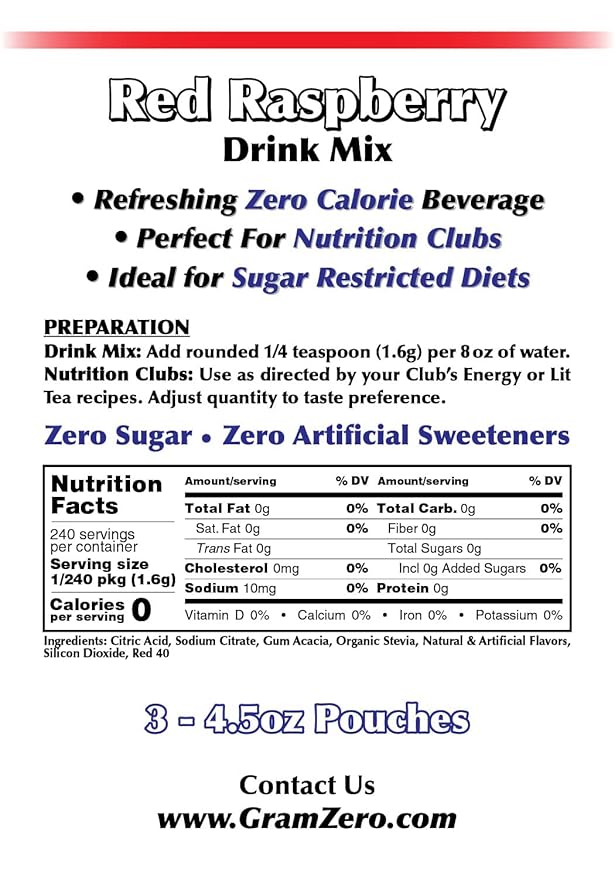 GramZero Red Raspberry Zero Calorie Sugar Free Drink Mix, Great For Nutrition Club Loaded Tea, Stevia Sweetened