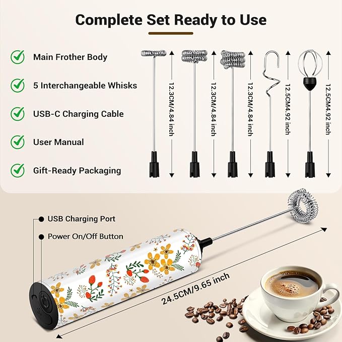 Milk Frother Handheld Rechargeable - 2-Speed Electric Whisk with 5 Detachable Heads (Frother/Mixer/Whisk) for Coffee, Latte, Cappuccino & Matcha, Drink Mixer (Flower 7)