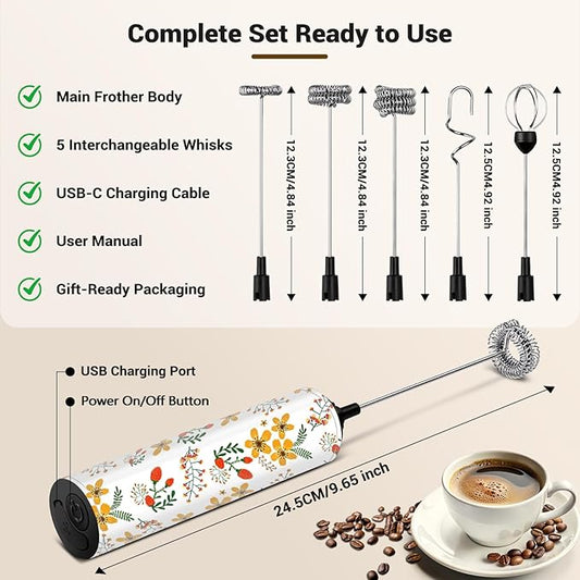 Milk Frother Handheld Rechargeable - 2-Speed Electric Whisk with 5 Detachable Heads (Frother/Mixer/Whisk) for Coffee, Latte, Cappuccino & Matcha, Drink Mixer (Flower 7)