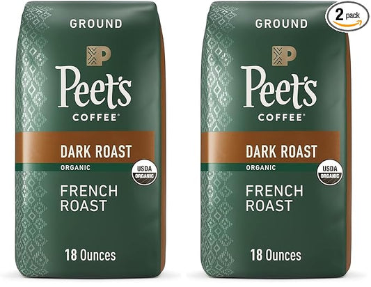 Peet's Coffee Dark Roast Ground Coffee | USDA Organic | French Roast | 36 Ounces | 2 Bags