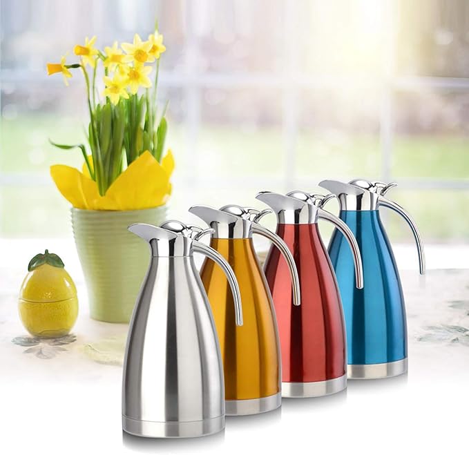 Fdit 1.5L/2L Coffee Tea Pot Stainless Steel Double Wall Vacuum Insulated Pot Jug Hot Water Bottle(Silver 2L)