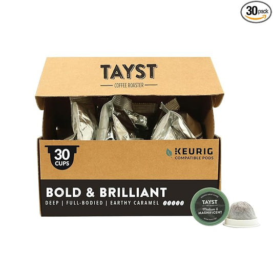 Tayst Coffee Pods, Bold & Brilliant Dark Roast, K Cups Compatible with Keurig Coffee Maker, Sustainable Single Serve, Pack of 30