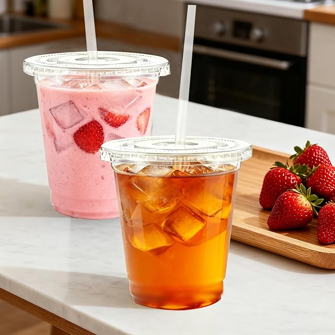 Lamosi 100 Pack 12 oz Clear Plastic Cups with Lids and Straws, Disposable Plastic Coffee Cups with Lids for Iced Coffee, Cold Beverages, Smoothies and To-Go Drinks