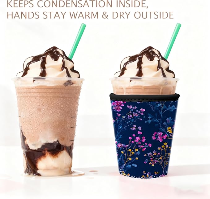 Elegant Flower Pattern Insulated Coffee Sleeve for Women Gifts Floral Navy Iced Coffee Sleeve Set of S/M/L 3-Pack Cups Sleeve