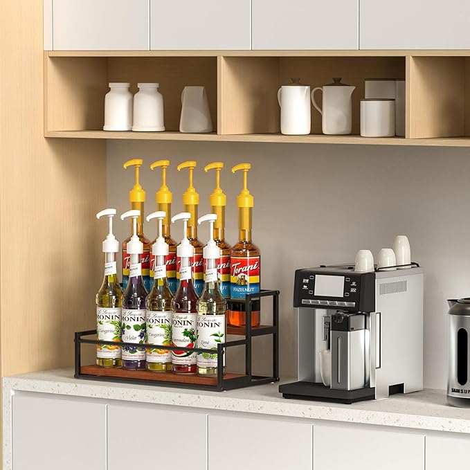 THYGIFTREE Coffee Syrup Rack Organizer 2-Tier 10 Syrup Bottles Holder Stand for Coffee Bar Storage Shelves for Syrup, Wine, Dressing for Kitchen Coffee Station