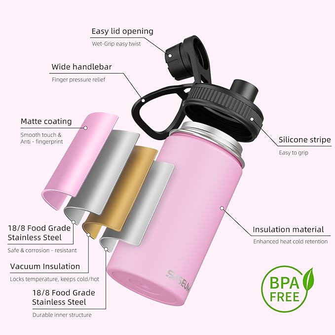 SASEUM Kids Sport Water Bottle 12oz Stainless Steel Double Wall Vacuum Thermal Mug with Leak Proof Spout Lids, Wide Mouth Metal Insulated Water Jug for Gym and Travel（Pink）