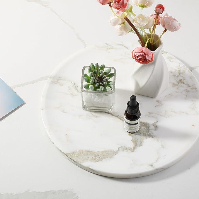 Marble Serving Tray, 11.8in Round Vanity Tray for Bathroom Countertop, Calacatta Candle Holder for Coffee Table/Kitchen, Stone Home Decorative Catchall Tray for Perfume