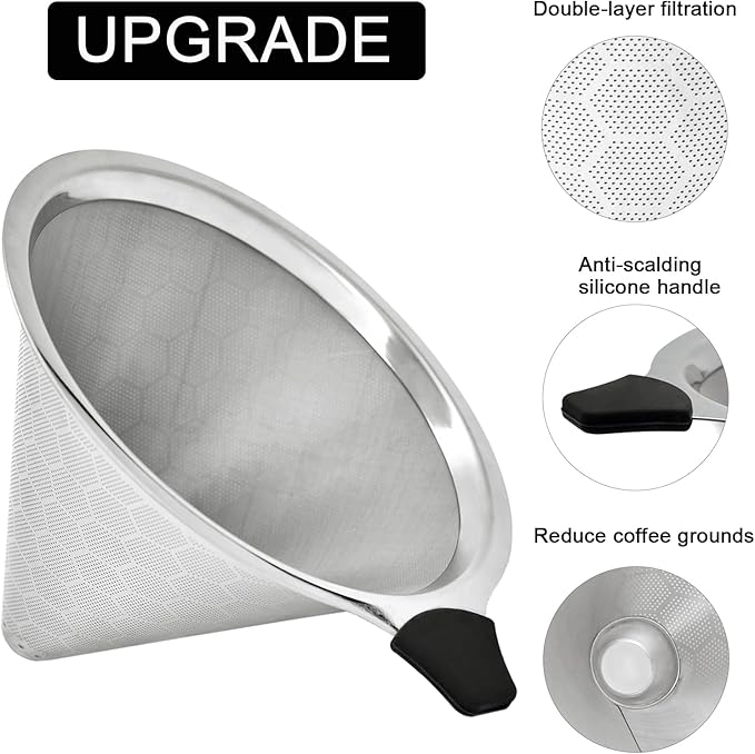 GLMMIR Pour Over Coffee Filter Compatible with Chemex 6/8/10 Cups & Hario V60 02 03, Reusable Stainless Steel Metal Cone Slow Drip Coffee Filter, Coffees Pour Over Dripper Filters