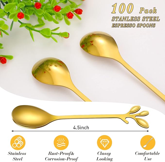 100 Pcs Demitasse Espresso Spoons Stainless Steel Bulk, 4.33'' Small Mini Coffee Tasting Dessert Spoons for Kitchen Dessert, Tea, Appetizer, 1.18'' Wide(Leave,Gold)