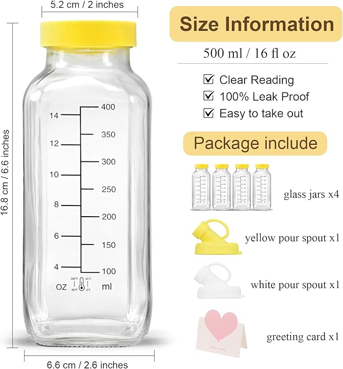 16 oz Glass Milk Bottles with Pour Dispenser, Reusable Juice Bottles with Airtight Lid for Fridge, Glass Pitchers with Scale, Gift for a New Mother [4 Pack]