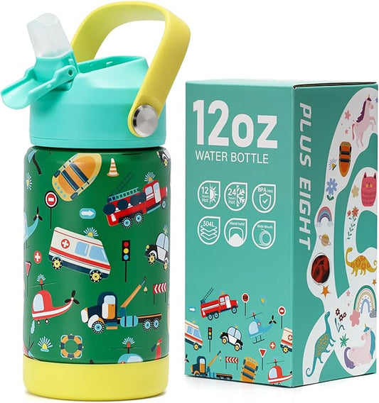 Kids Insulated Water Bottle with Straw Lid, 12 oz BPA-FREE Double Wall Vacuum Tumbler 18/8 Stainless Steel Leak Proof Kids Cups with Straw for School Travel Boys Girls (Car)