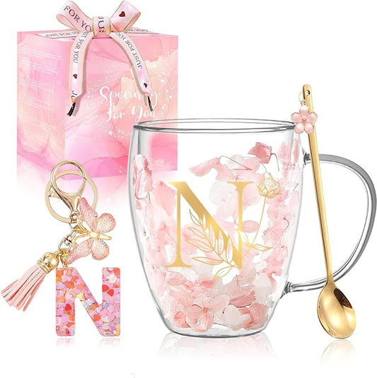 Personalized Gift for Women Flower Glass Coffee Mug Initial Tea cup Monogrammed Customized Bridesmaid Bride Wedding Gifts Graduation Gifts Valentine Mother's Day Birthday Christmas Gift (N)