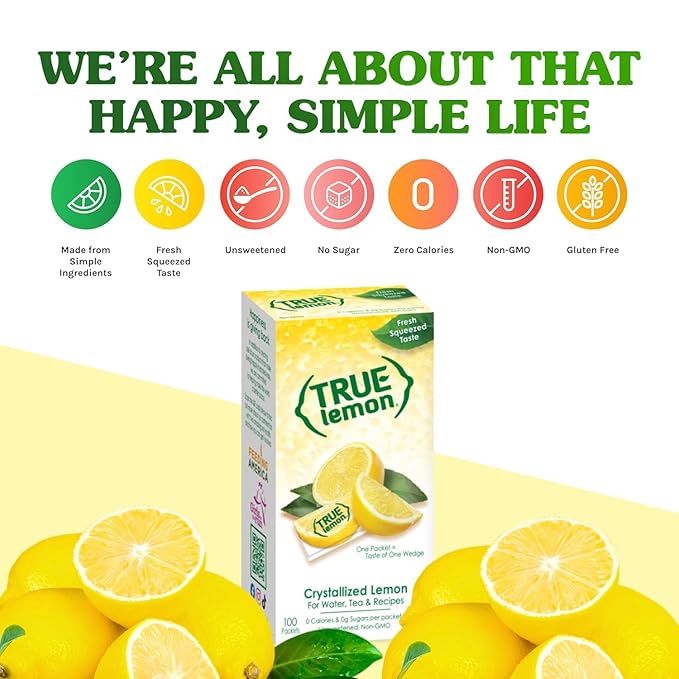 True Citrus TRUE LEMON Water Enhancer, Bulk Dispenser, 100 Count (Pack of 1), 0 Calorie Drink Mix Packets For Water, Sugar Free Lemon Flavoring Powder Packets