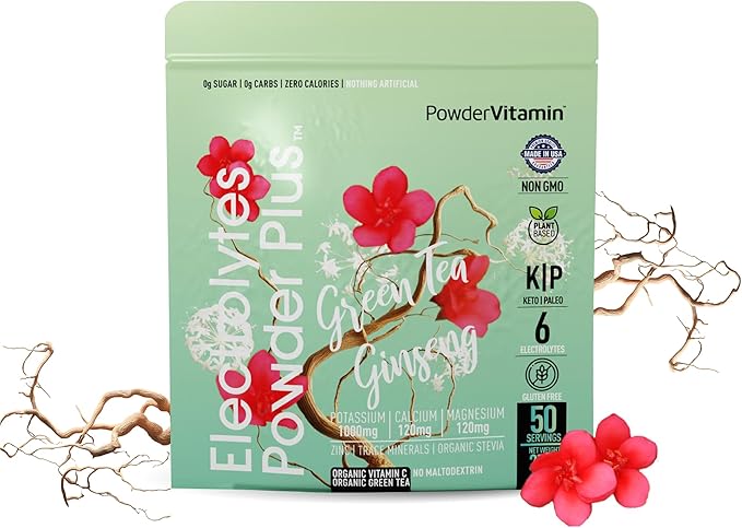 PowderVitamin Electrolytes Powder Plus (50 Servings) Green Tea Ginseng Electrolyte Powder Keto, Sugar Free, Pink Himalayan Salt,1000mg Potassium,120mg Calcium,120mg Magnesium, Hydration Powder