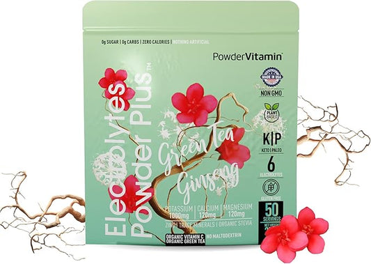 PowderVitamin Electrolytes Powder Plus (50 Servings) Green Tea Ginseng Electrolyte Powder Keto, Sugar Free, Pink Himalayan Salt,1000mg Potassium,120mg Calcium,120mg Magnesium, Hydration Powder