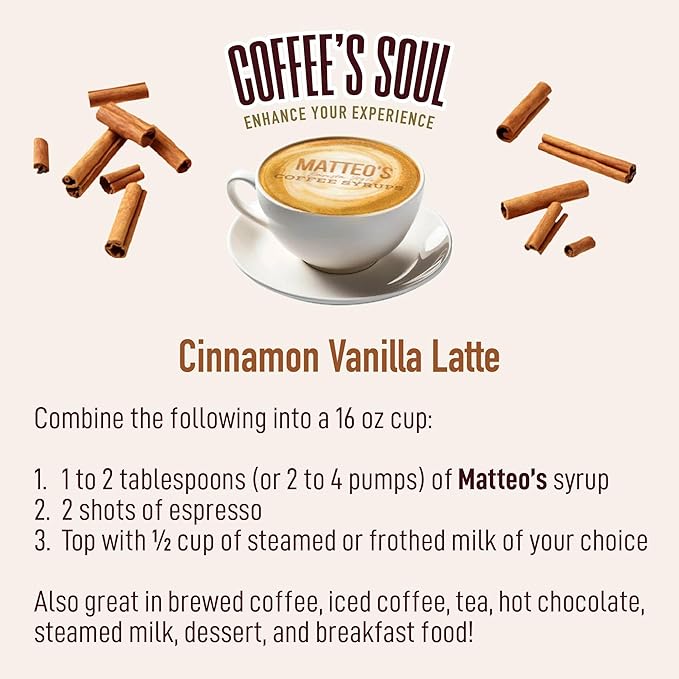 Matteo's Cinnamon Vanilla Syrup for Coffee, Lattes, Cappuccinos & Desserts – Sugar-Free Sweetener for Beverages, Keto Friendly, Zero Calories, Indulgent Flavor, Non-Alcoholic, 33.8oz (6pk)