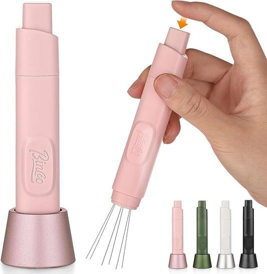 Retractable WDT Tool Espresso Distribution Tool - Coffee Distributor Espresso Stirrer for Barista with Storage Stand & Extra 6 Replaceable Needles (Pink)