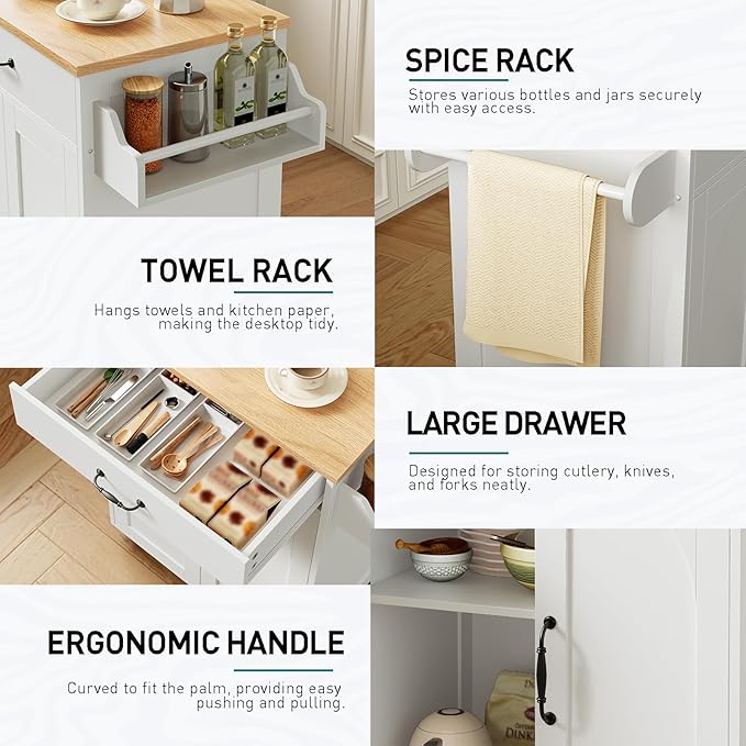 Kitchen Island Cart, Small Kitchen Island with Storage Cabinet and Drawer, Rolling Kitchen Cart on Wheels with Spice Rack and Towel Rack, for Kitchen, Dining Room, White and Natural