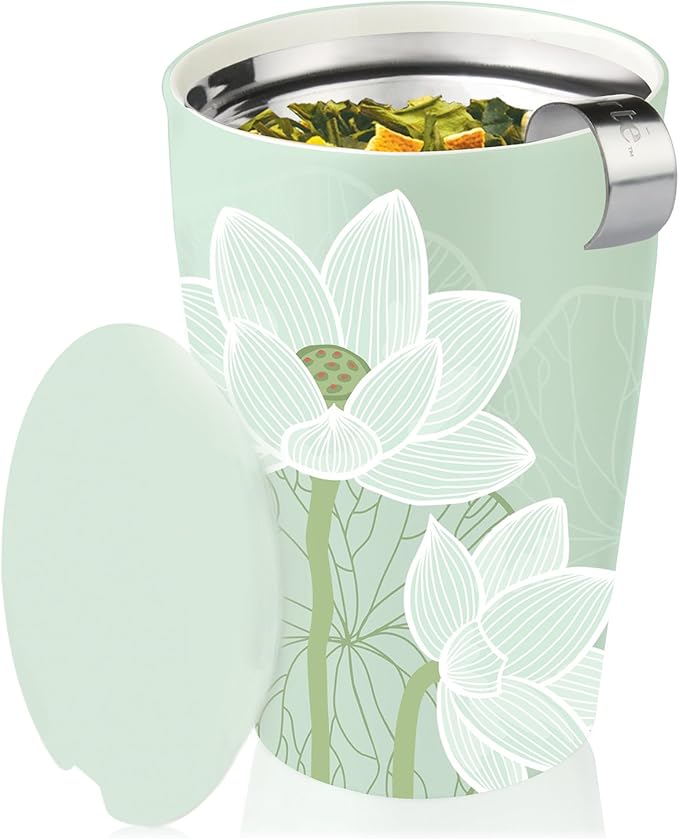 Tea Forte Double-Walled Ceramic Kati Cup, Removable Stainless Steel Infuser Basket and Lid, Steeps 12 oz Loose Leaf Tea, Dishwasher & Microwave Safe, Lotus