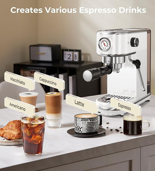 20 Bar Espresso Machine with Milk Frother, Professional Compact Espresso Maker, Stainless Steel Coffee Machine with Precise Temp Control & 44oz Removable Water Tank for Latte, Cappuccino, White