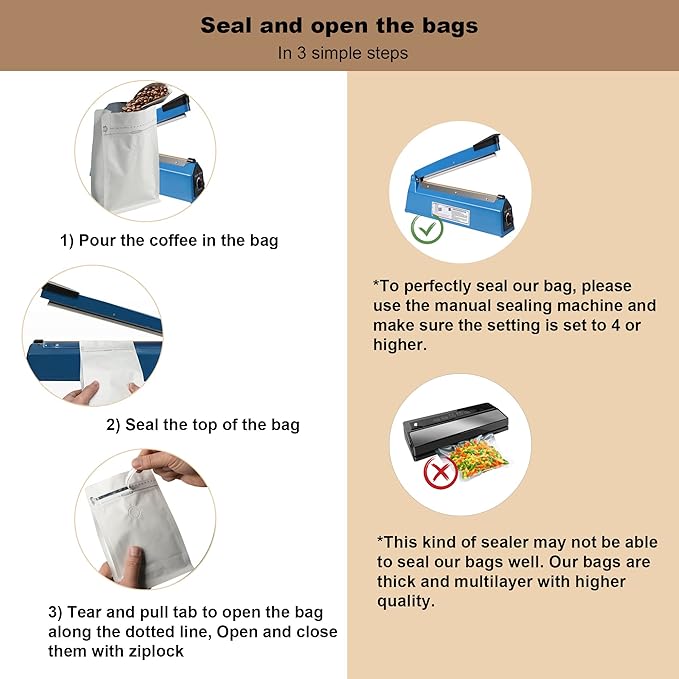 High Barrier Aluminium Foil Liner White Kraft Paper Coffee Bags, Flat Bottom Coffee Pouches with Degassing Valve, Food Storage Bags with Rsealable Zipper & Easy Open Tape (50pcs, 16oz/1lb)