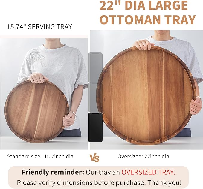 Large Ottoman Tray, 22" Big Ottoman Tray for Living Room, Large Serving Tray with Handles for Coffee Table Kitchen Counter,Great Round Wooden Trays with 4 Round Coasters for Appetizers, Dinner