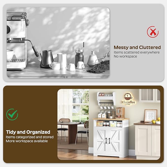 Coffee Bar Cabinet, Kitchen Island with Storage, Farmhouse Sideboard Buffet Cabinet with Dual-Purpose Floating Shelf and Hooks, for Kitchen Living Room, White and Natural KF22WN