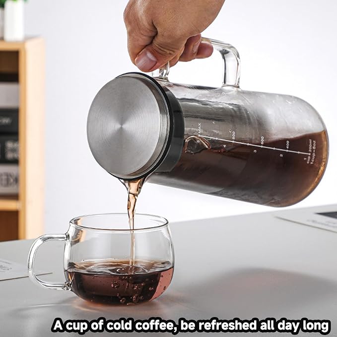 Cold Brew Coffee Maker Borosilicate Glass with 304 Stainless Steel Filter, Tea Infuser Ice Cold Brew Pitcher Kitchen, with Spout Kitchen Iced (34oz (1.0 L))