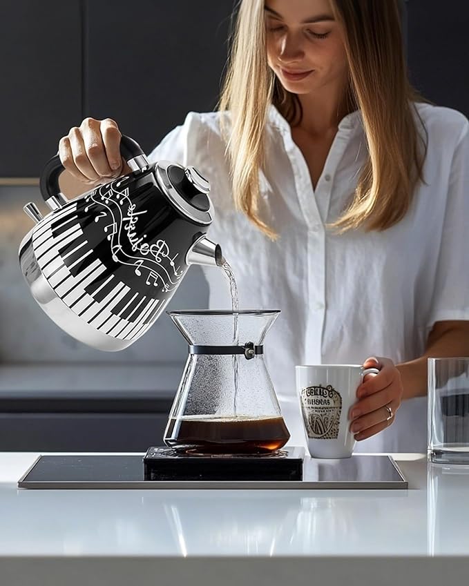 Electric Kettle with Piano & Musical Notes Design, 1.7L Stainless Steel Interior, 1200W Fast Water Boiler for Tea & Coffee, Cordless with Auto Shut-Off, Unique Musician Gift & Kitchen Decor