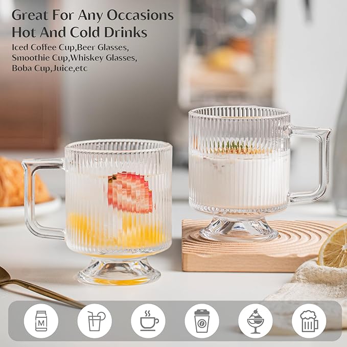 INSETLAN 6-Piece Ribbed Glass Coffee Mug Set, 10 oz Clear Glass Tea Cups with Handle, Modern Vertical Stripe Design for Everyday Drinks – Perfect for Coffee, Tea, Latte, Cappuccino, and More