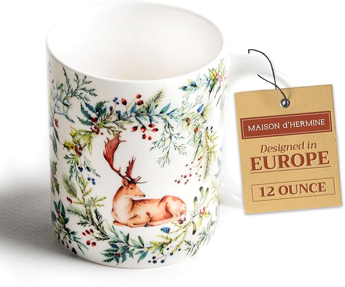 Maison d' Hermine Coffee Mug with Handles Fine Bone China Mugs Pack of One Tea Cups for Hot Beverages Cappuccino Latte Home Restaurant Office Perfect for Gift (Holly Time - Cerf, 12 Ounce)