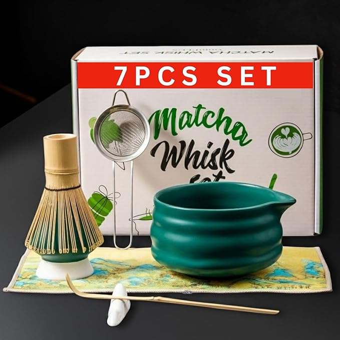 7PCS Ceramic Matcha Whisk Set - Traditional Japanese Tea Set Includes Matcha Bowl with Spout, Holder, Bamboo Whisk, Bamboo Scoop with Rest, Sifter with Tea Towel - Perfect Kit for Matcha Lovers