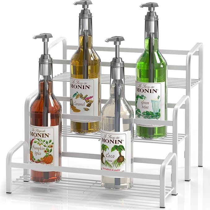 DTUQYX Coffee Syrup Organizer 3-Tier, 12 Bottles Capacity Coffee Syrup Rack, Metal Syrup Stand for Spice, Wine, Liquor, Bottle, Coffee Bar Station Racks Magnetic, No Installation, White