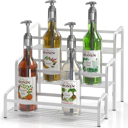 DTUQYX Coffee Syrup Organizer 3-Tier, 12 Bottles Capacity Coffee Syrup Rack, Metal Syrup Stand for Spice, Wine, Liquor, Bottle, Coffee Bar Station Racks Magnetic, No Installation, White