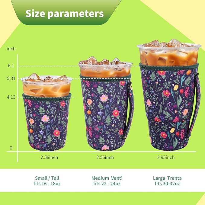 3 Pack Iced Coffee sleeve Insulated Neoprene Cup Sleeves with handle For Cold Drinks Beverages, Reusable Cup Holder for 16oz-32oz Coffee Cups (Vintage Flowers)
