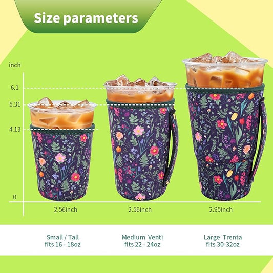3 Pack Iced Coffee sleeve Insulated Neoprene Cup Sleeves with handle For Cold Drinks Beverages, Reusable Cup Holder for 16oz-32oz Coffee Cups (Vintage Flowers)