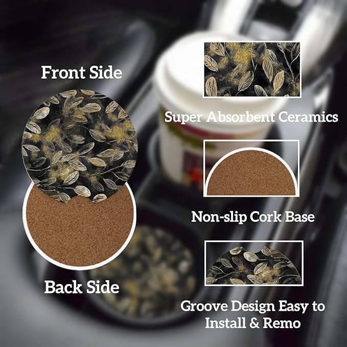 Car Cup Holder Coasters, 2 Pcs Ceramic Coasters with Finger Slot and Cork Back, Anti-Slip Shock Absorbing Women and Men Universal Car Accessories - Golden Powder Leaves