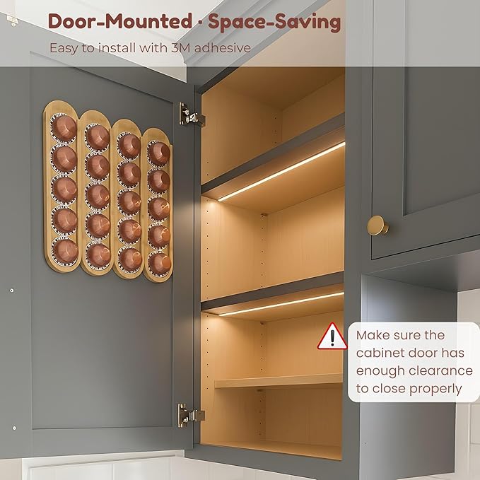 Bamboo Coffee Pod Holder, Adhesive Wall Mount (No Drilling) for Inside Cabinet Door, 20-Capsule Storage (Set of 4), Vertical & Horizontal, Compatible with Nespresso Vertuo Line-Bamboo Brown
