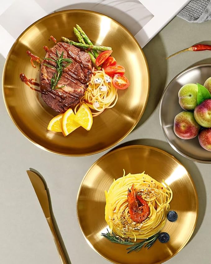 Serving Trays 7.9in Stainless Steel Decorative Tray Round Gold Tray for Kitchen Wedding Party Coffee Table Dishwasher Safe