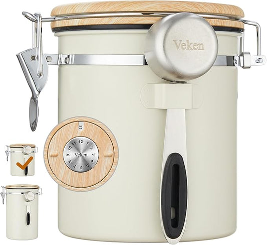 Veken Coffee Canister, Airtight Stainless Steel Kitchen Food Storage Container with Date Tracker and Scoop for Beans, Grounds, Tea, Flour, Cereal, Sugar, Cookie, 16OZ, Cream