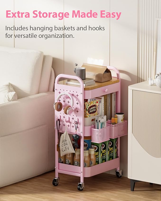 ALVOROG Rolling Cart with Drawer and Wood Table Top, 3 Tier Metal Rolling Utility Cart on Wheels with DIY Pegboards, Hanging Baskets,Hooks for Kitchen, Bedroom, Office, Craft Supplies