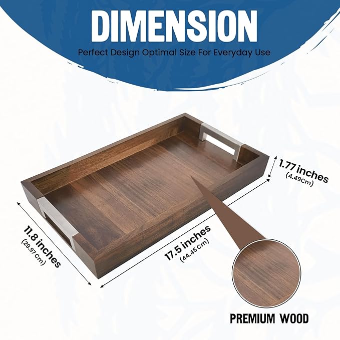 Large Wooden Ottoman Tray with Handles for Serving Food, Decorative Serving Platter for Breakfast, Dinner & Bar, 17.5x11.8 in Rustic Storage Tray for Kitchen, Bedroom & Gift Packaging