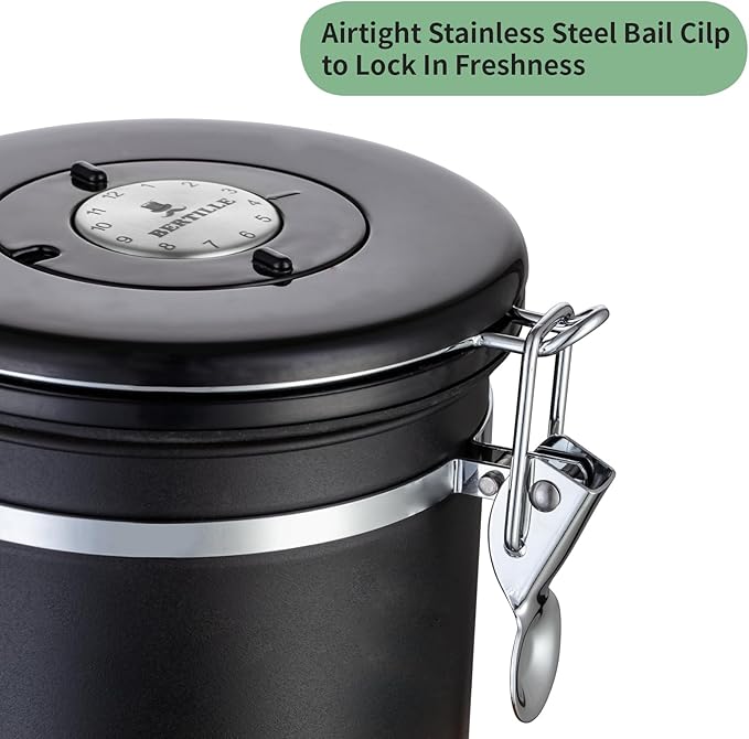 BERTILLE Stainless Steel Coffee Canister,16 oz Kitchen Food Storage Container with Date-Tracker, CO2-Release Valve and Measuring Scoop for Grounds Coffee, Beans, Tea, Cereal, Sugar（Medium,Golden）