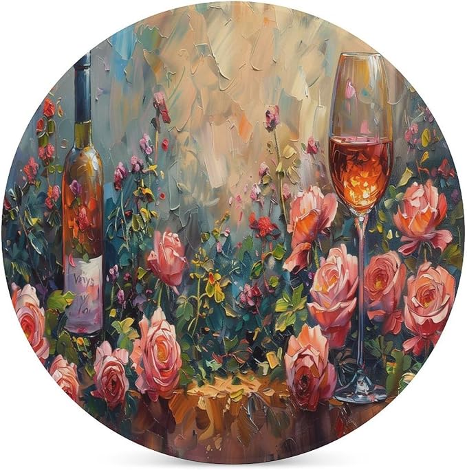 Red Wine Drink Coasters, Round Ceramic Drink Coaster Round-6PCS, Oil Painting Style Red Wine Grapes Floral Rose Flower Pattern Decor Absorbent Ceramic Coasters for Beverage Cup, Bar, Coffee Table