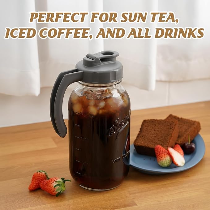 Soligt Glass Mason Jar Pitcher with Lid, Wide Mouth Flip Cap Pour Spout Leak-proof Lid with Handle, 64 oz (2 Quart / 1.9 Liter), for Iced Coffee/Sun Tea Juice/Cold Brew/Milk (1 Pack, Dark Gray)
