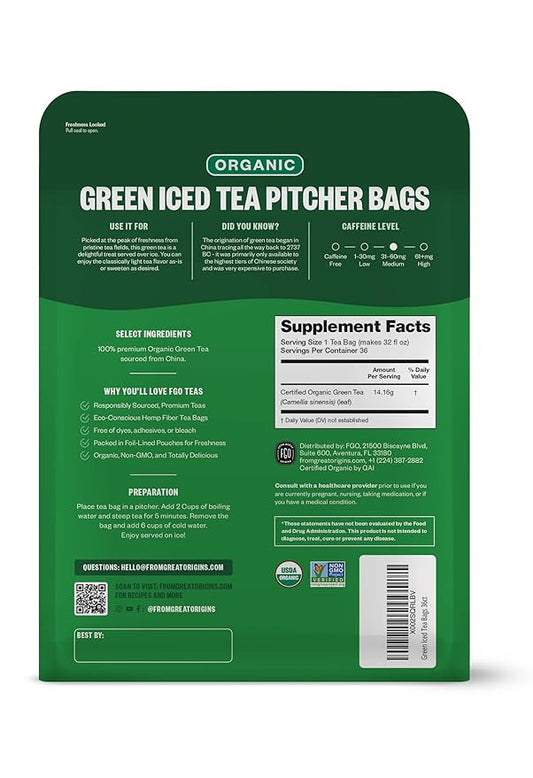 FGO Organic Green Iced Tea, 36 Eco-Conscious Pitcher Sized Tea Bags, Packaging May Vary (Pack of 1)