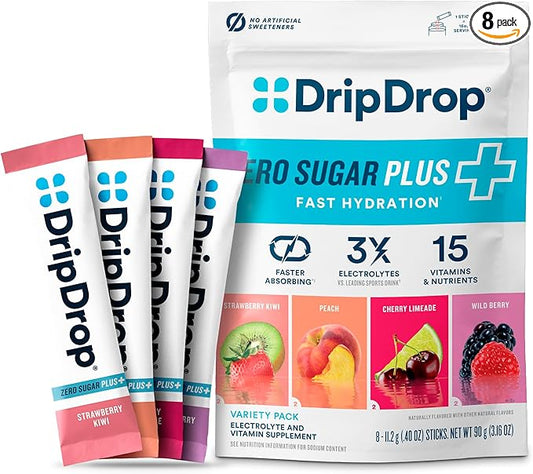 DripDrop Zero Sugar Plus - Sugar Free Hydration Packets - Single Serve Electrolytes Powder Drink Mix - Strawberry Kiwi, Peach, Cherry Limeade, Wild Berry - Non-GMO, Gluten Free, Vegan - 8 Sticks