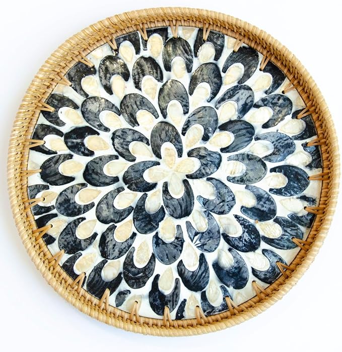 Magenta & Teal Round Rattan Serving Tray with Mother of Pearl Inlay, Wicker Coffee Table Decor, Farmhouse Style (Blue Tan Flower)