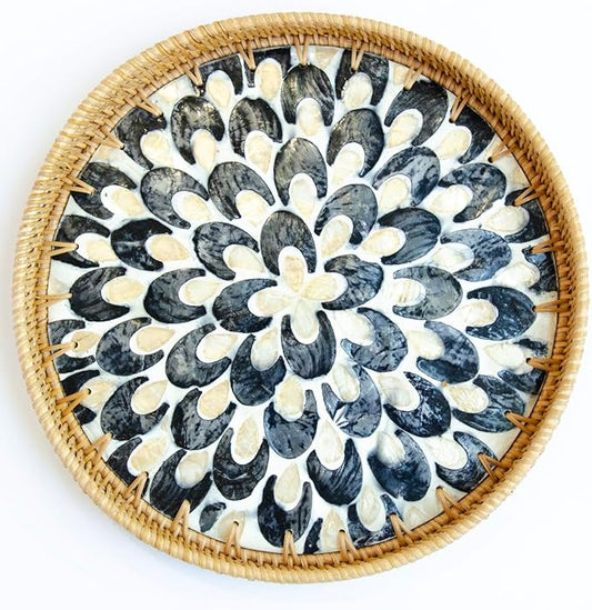 Magenta & Teal Round Rattan Serving Tray with Mother of Pearl Inlay, Wicker Coffee Table Decor, Farmhouse Style (Blue Tan Flower)