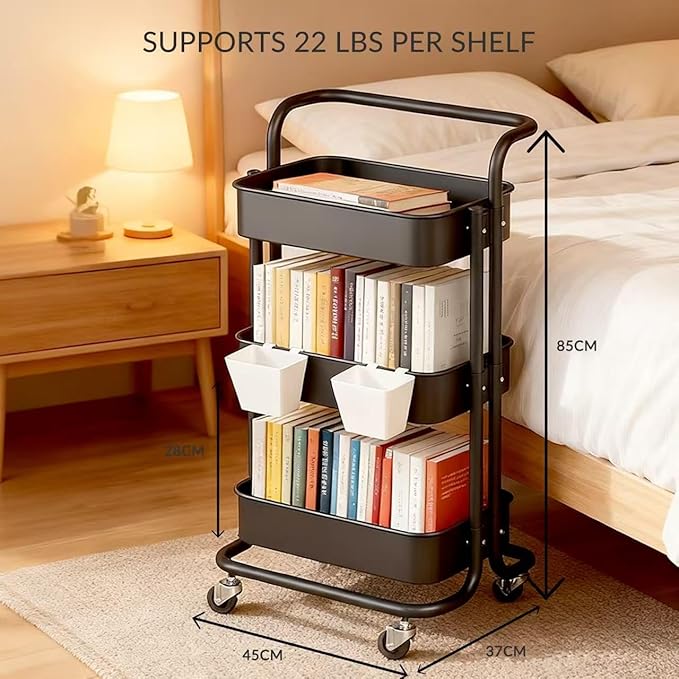 Mobile 3-Tier Mesh Utility Trolley with Handle and Lockable Wheels Rolling Metal Organiser Cart Multi-Purpose Storage Rack for Kitchen, Living Room or Office Black, Full Carbon Steel Construction